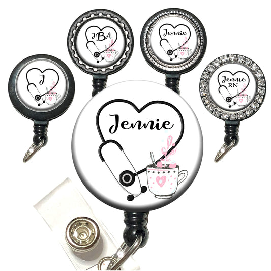 Floral Coffee Cup Retractable ID Badge Reel Holder