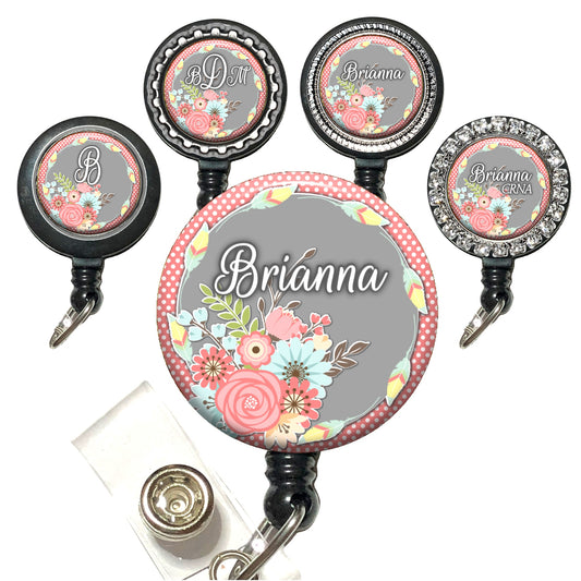 Pink Floral and Feathers Retractable ID Badge Reel Holder