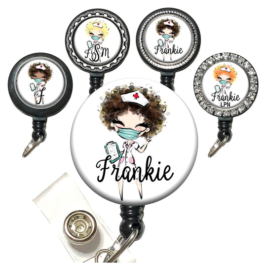 Curly Hair Masked Nurse (4 choices) Retractable ID Badge Reel Holder