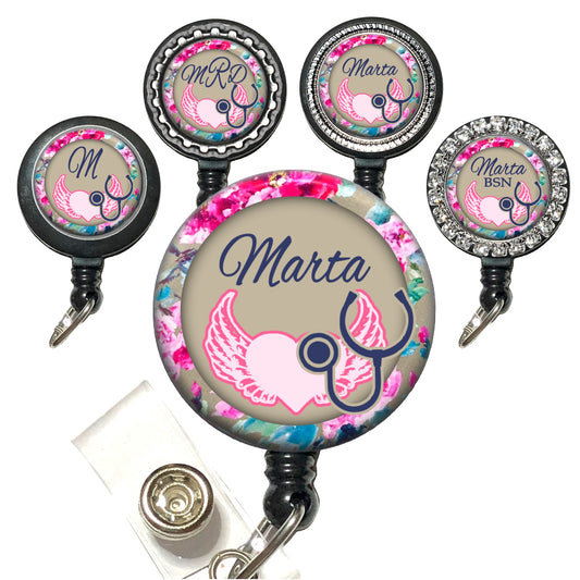 Pink Floral Heart Retractable ID Badge Reel Holder