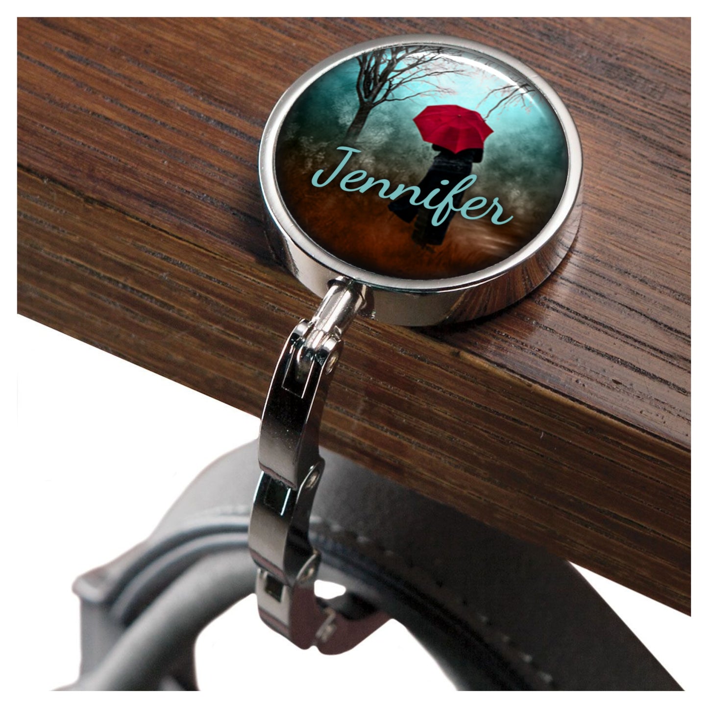 Rainy Day Red Umbrella Name Purse Hanger - Women's Bag Hanger for Table or Desk