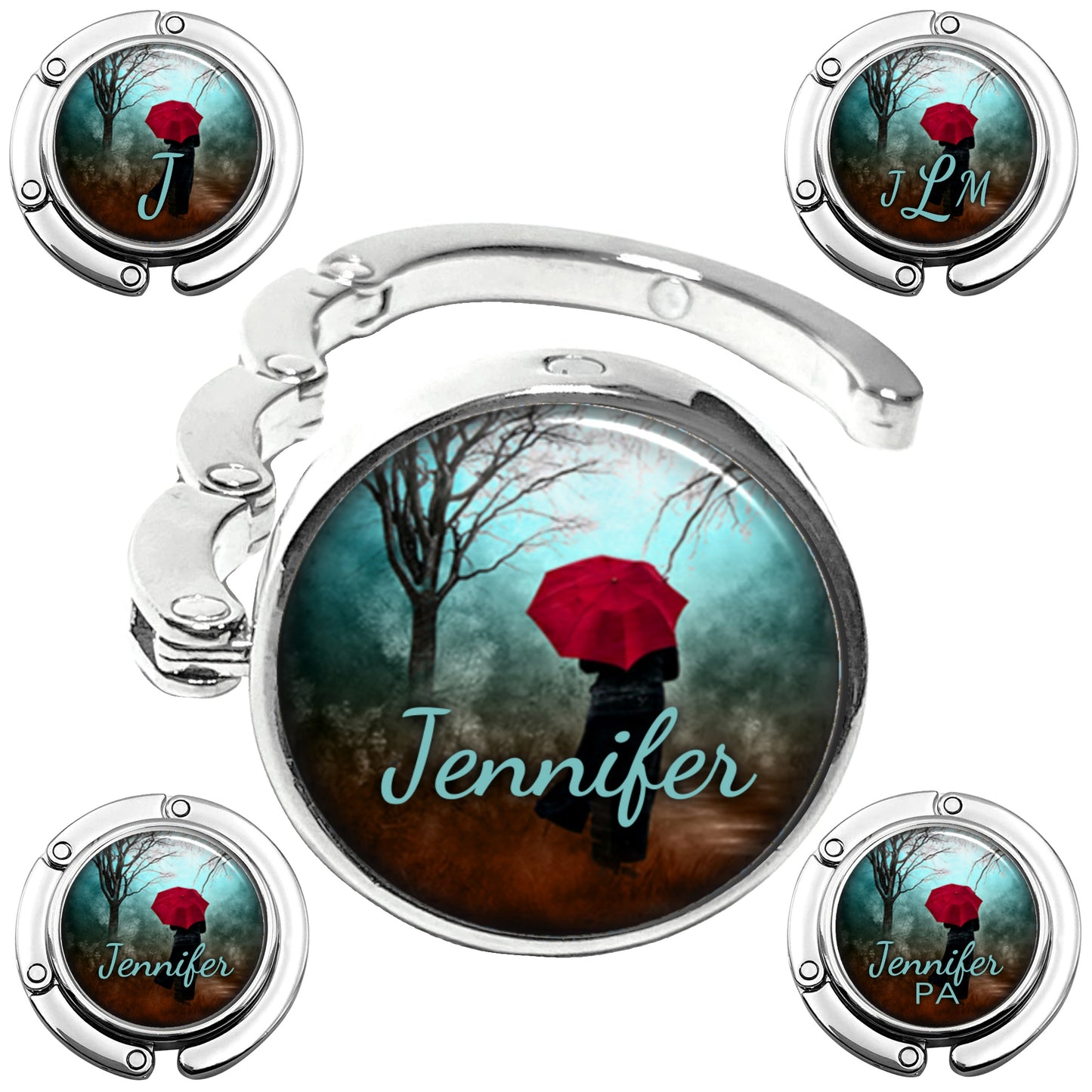 Rainy Day Red Umbrella Name Purse Hanger - Women's Bag Hanger for Table or Desk