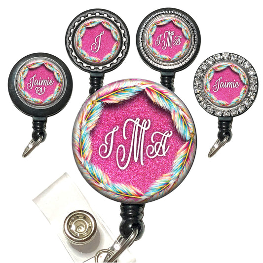 Rainbow Feathers and Pink Glitter Retractable ID Badge Reel Holder