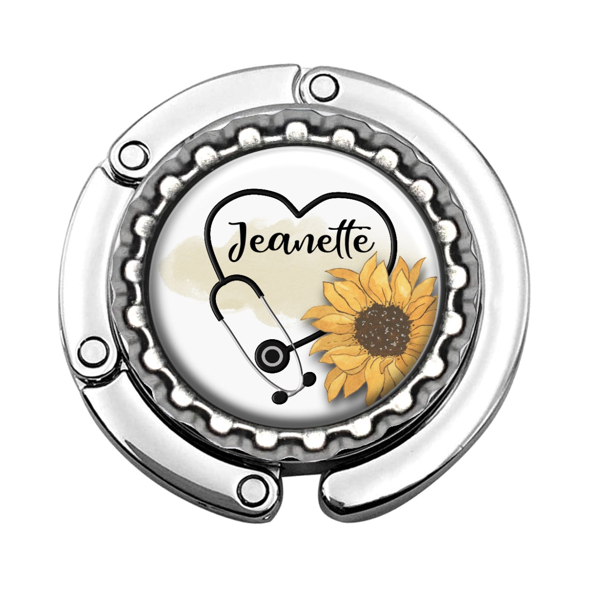 a badge with a stethoscope and a sunflower