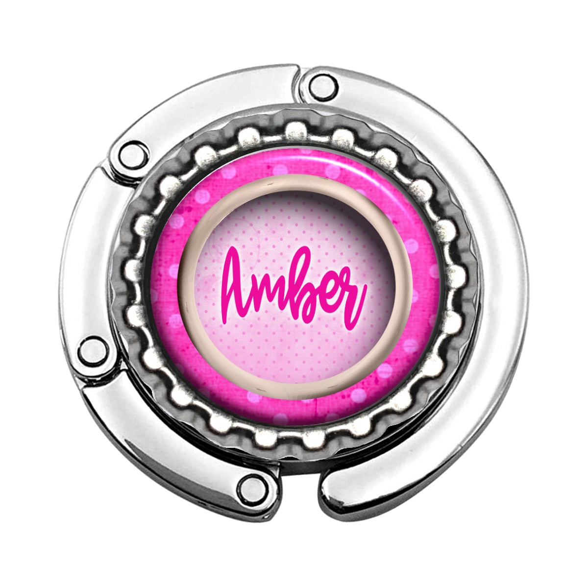 a pink and silver object with the word amber on it