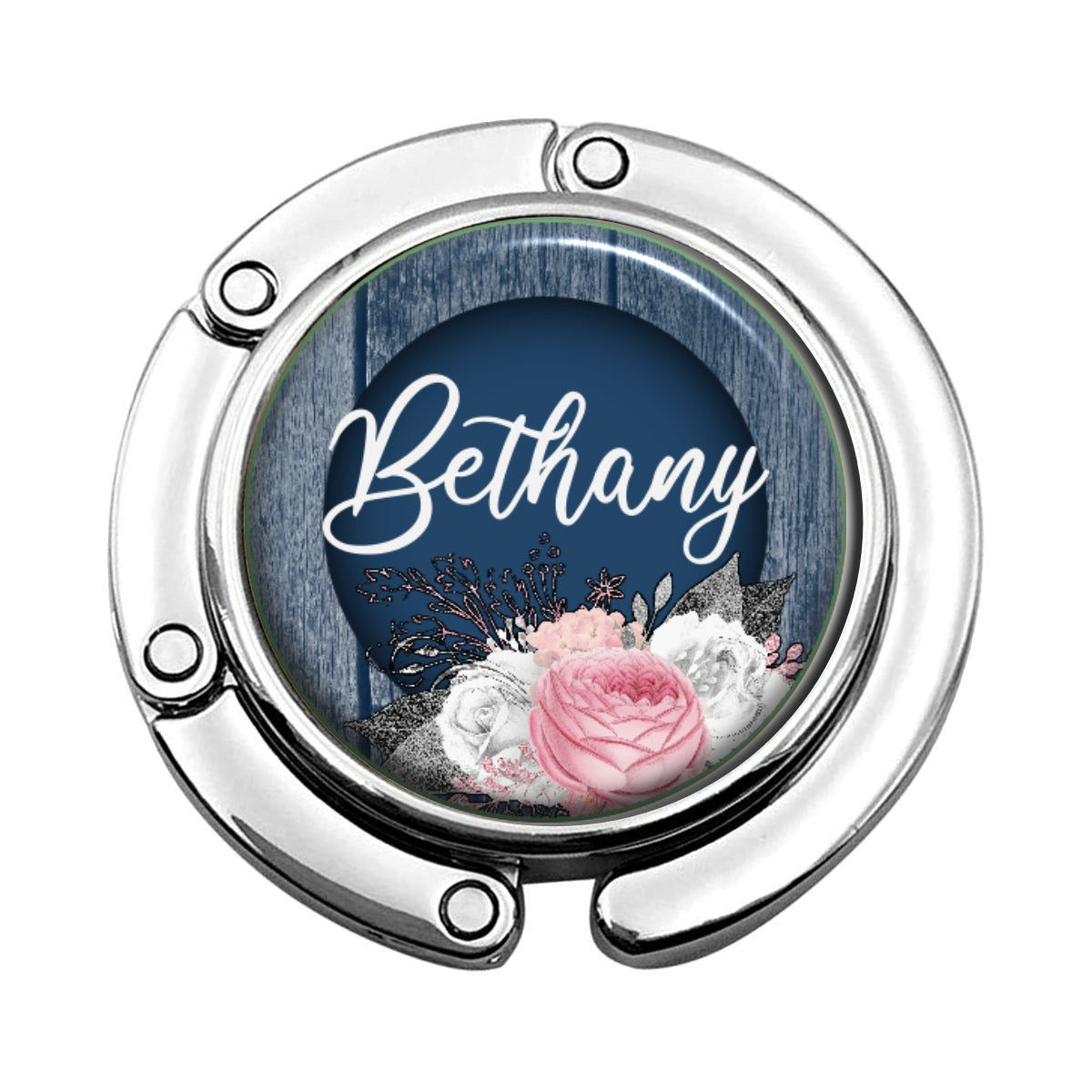 a badge with a picture of a woman and flowers on it