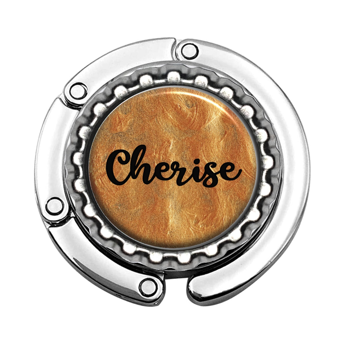 a close up of a metal object with the word cherise