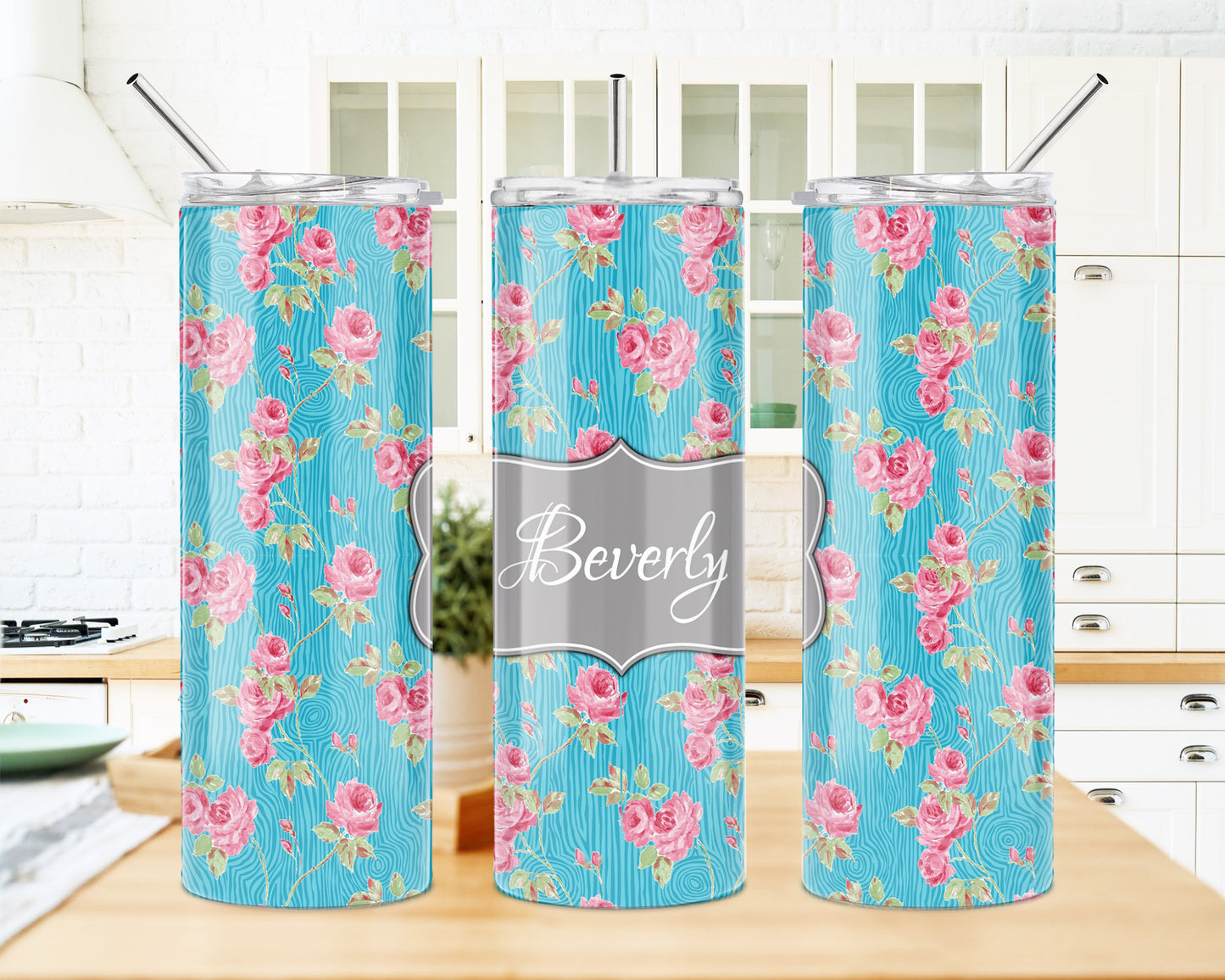 Turquoise Wood & Floral 20 oz Skinny Tumbler