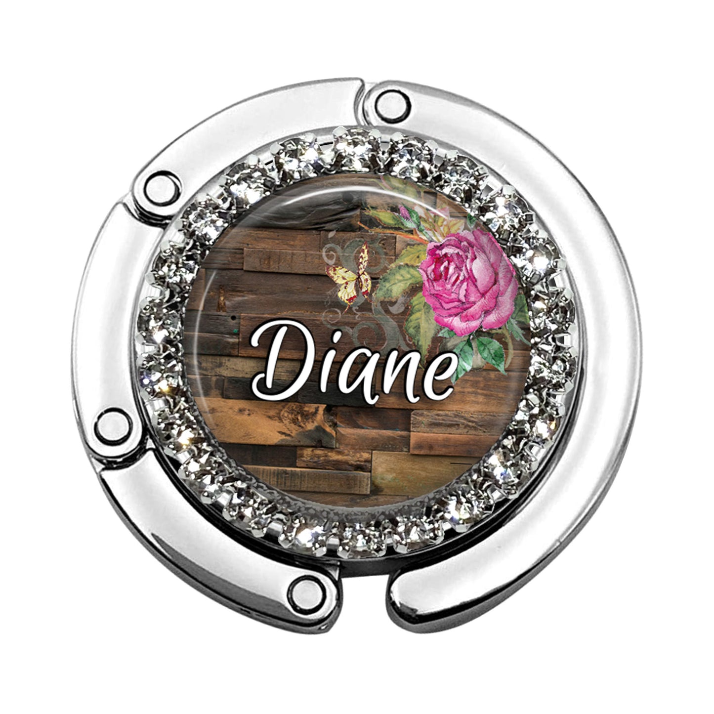 a wooden and crystal plate with a rose on it