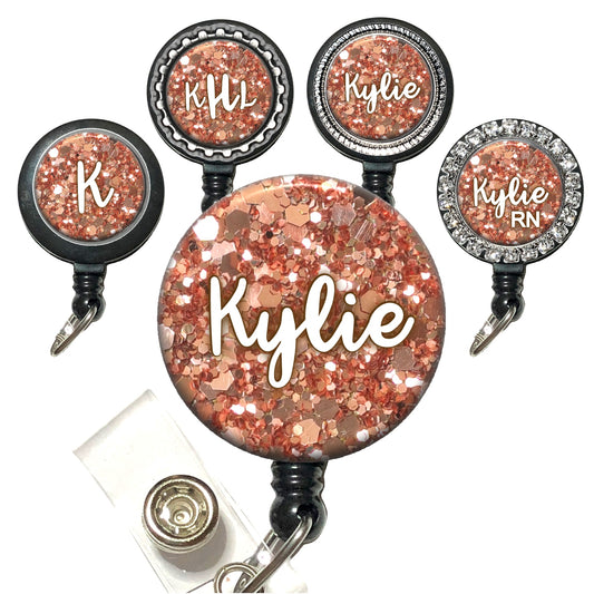 Personalized Copper Glitter Retractable ID Badge Reel Holder