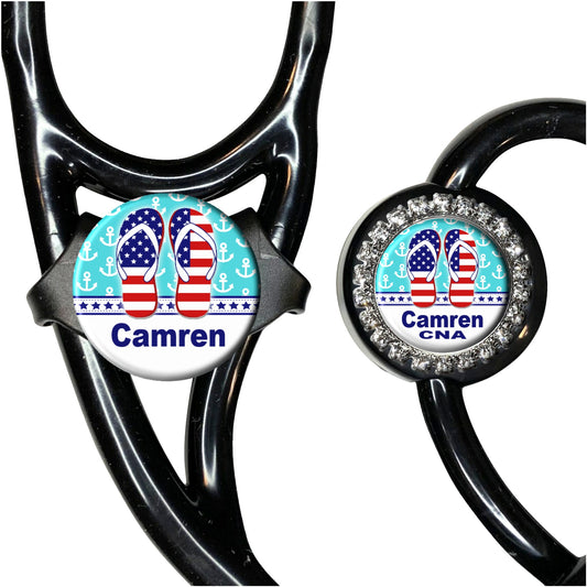 USA Flip Flops Stethoscope Id Name Tag Personalized