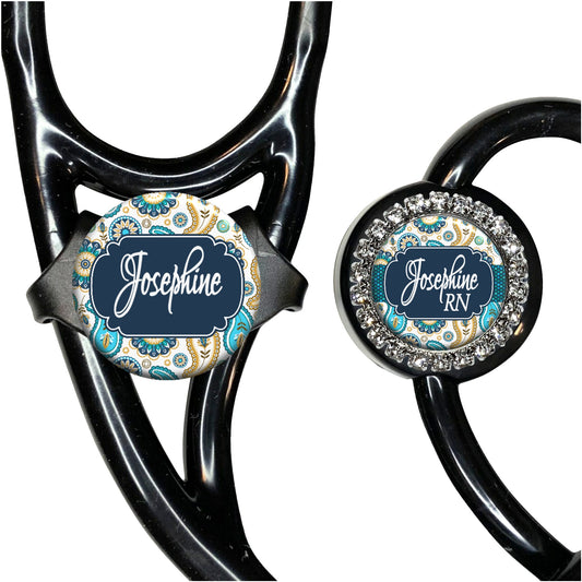 Teal Paisley Stethoscope Id Name Tag Personalized