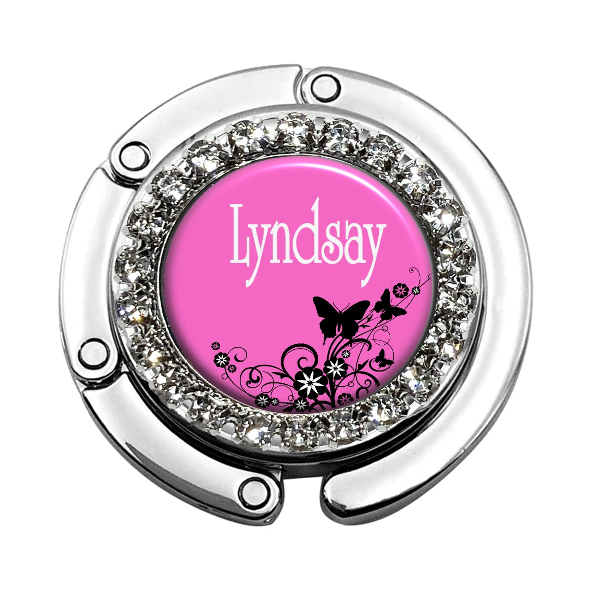 a badge with a butterfly on it that says lyndsay