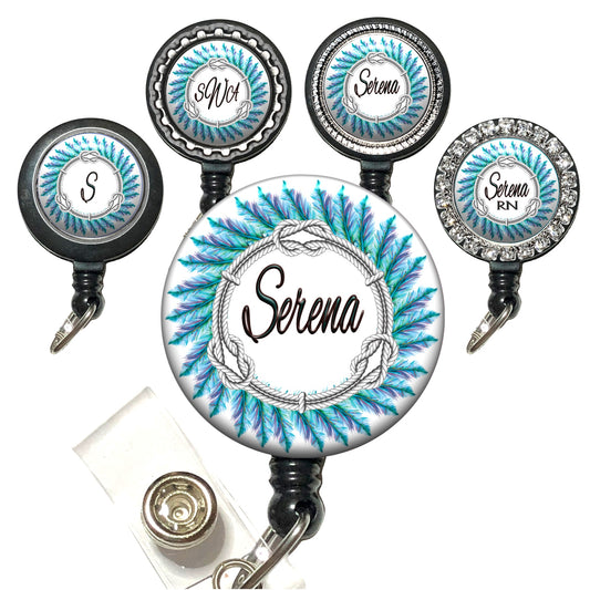 Blue Feathers and Rope Retractable ID Badge Reel Holder