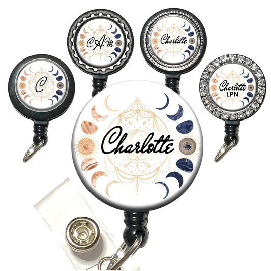 Celestial Sun and Moon Phases Retractable ID Badge Reel Holder