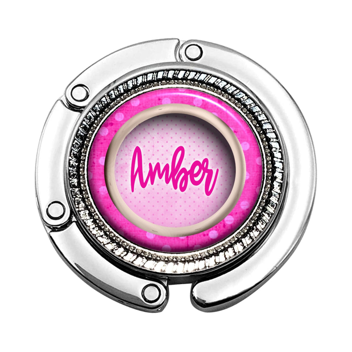 a pink and white object with the word amber on it
