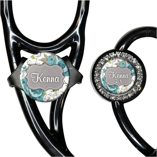 Turquoise Floral Stethoscope Id Name Tag Personalized