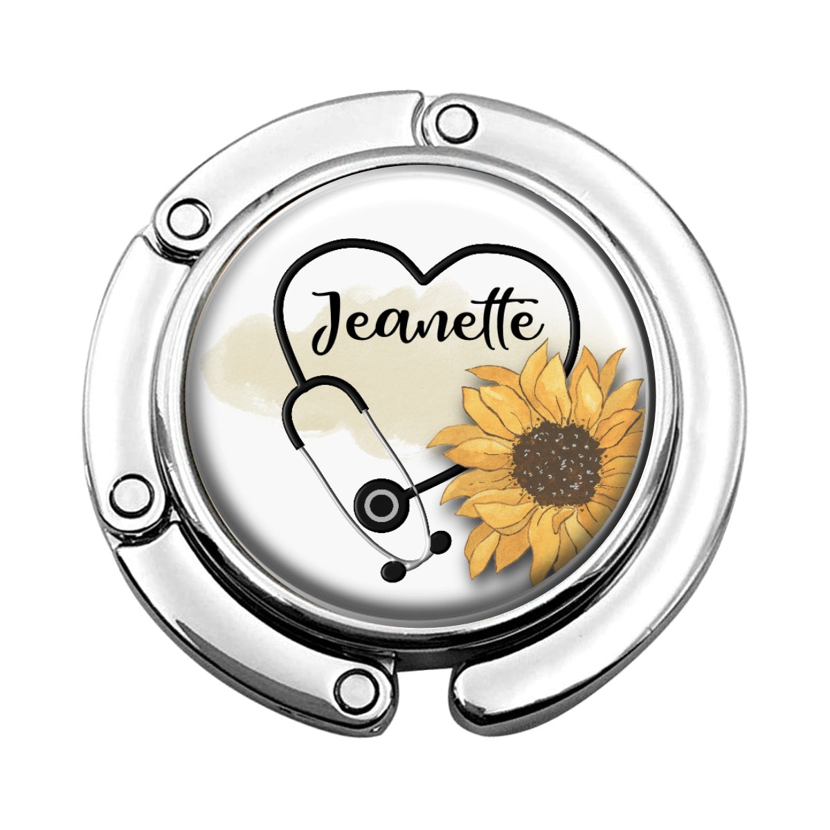 a badge with a stethoscope and a sunflower