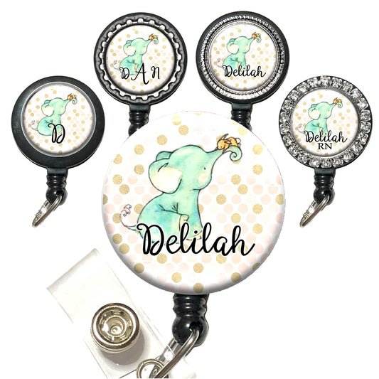 Baby Elephant on Polka Dots Retractable ID Badge Reel Holder