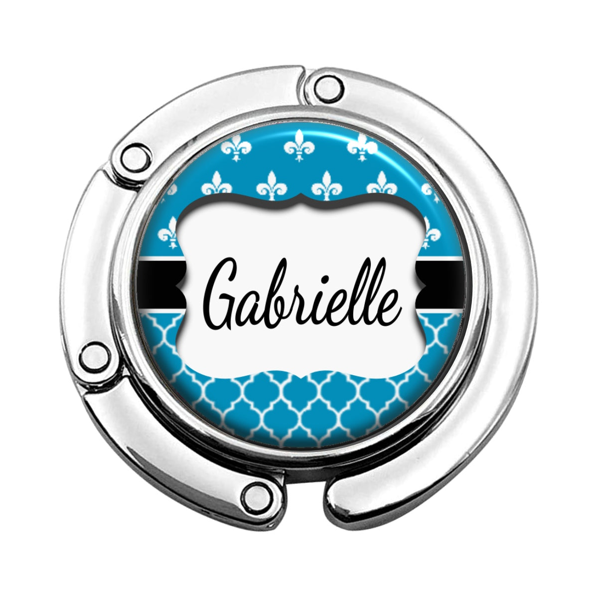 a blue and white badge with a name on it