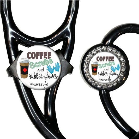 Coffee, Scrubs, Rubber Gloves Stethoscope Id Tag