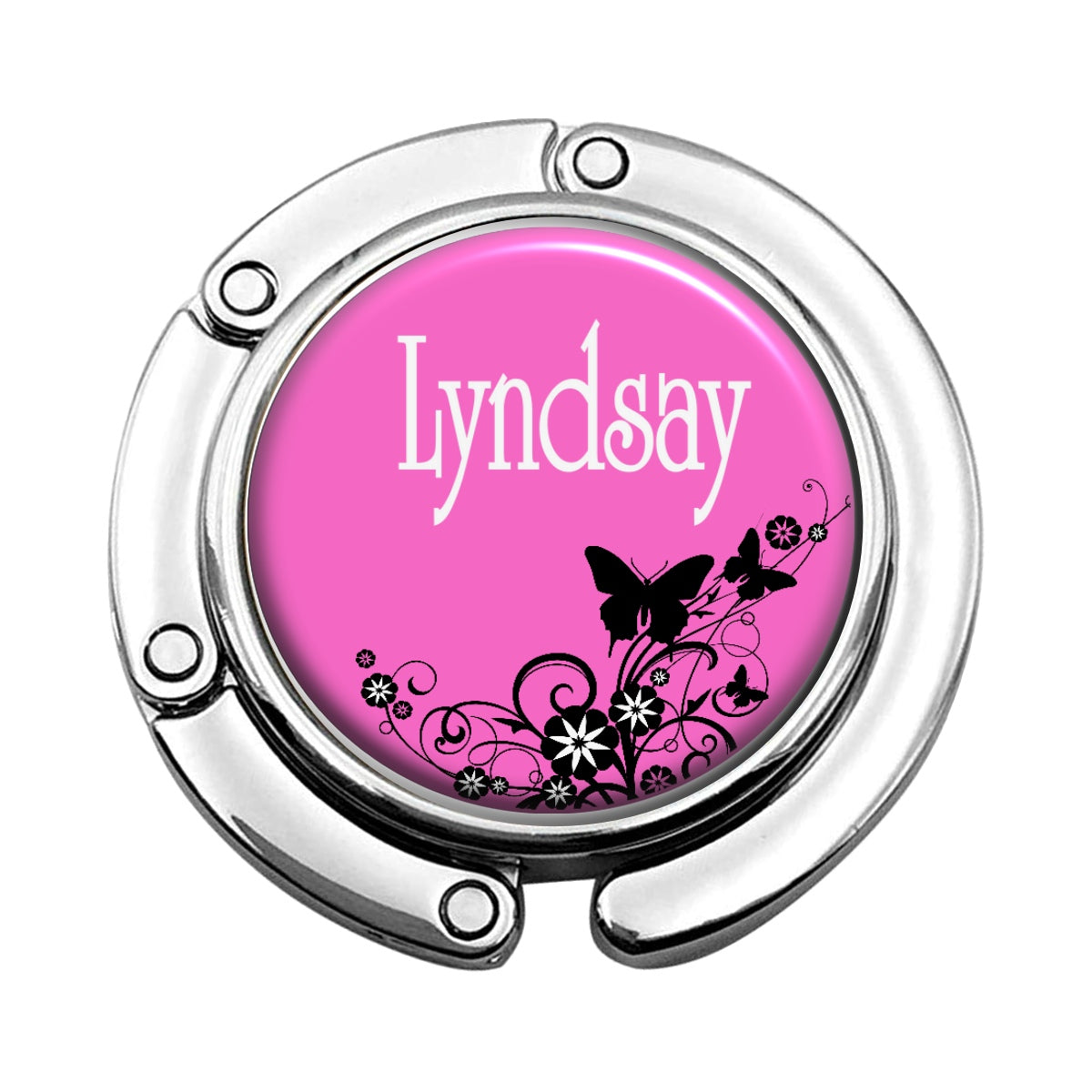 a round badge with the word lyndsay on it