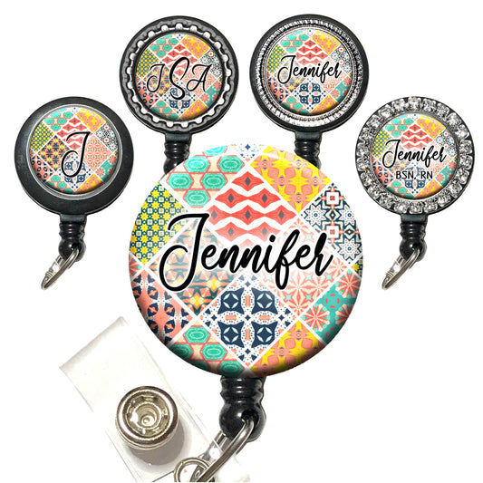 Modern Colorful Patchwork Quilt Retractable ID Badge Reel Holder