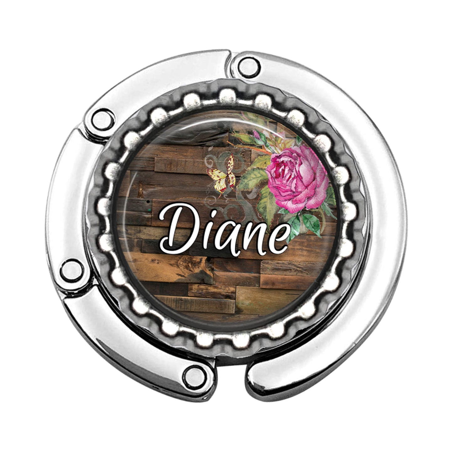 a wooden and metal plate with a rose on it