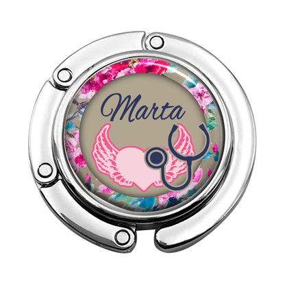 a badge with a stethoscope and flowers on it