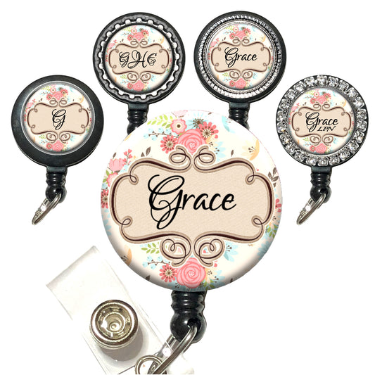 Farmhouse Pink Floral Retractable Badge ID Badge Reel Holder