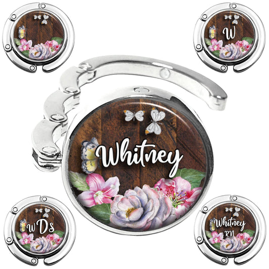 Personalized Watercolor Floral on Wood Purse Hanger - Women's Bag Hanger for Table or Desk