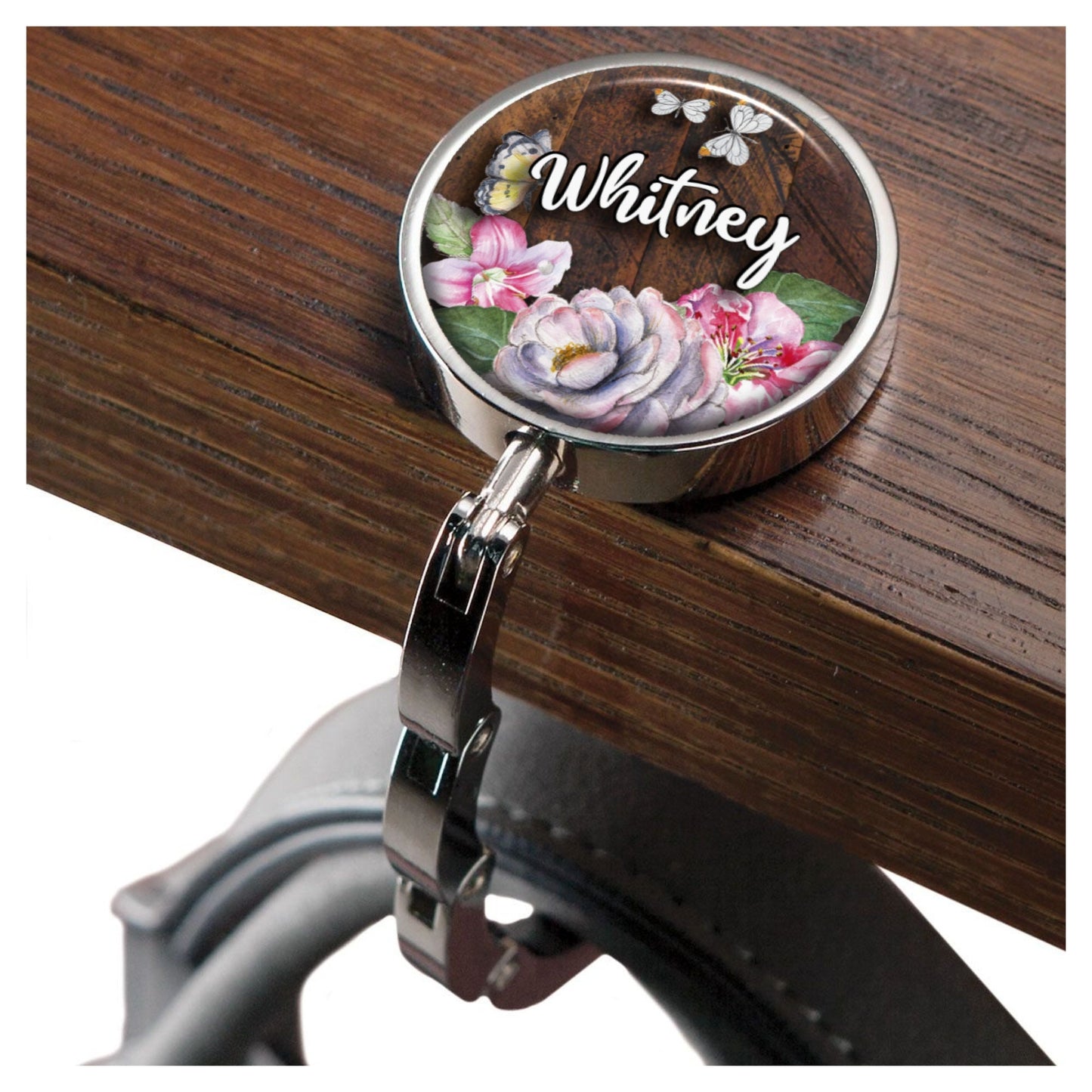 Personalized Watercolor Floral on Wood Purse Hanger - Women's Bag Hanger for Table or Desk