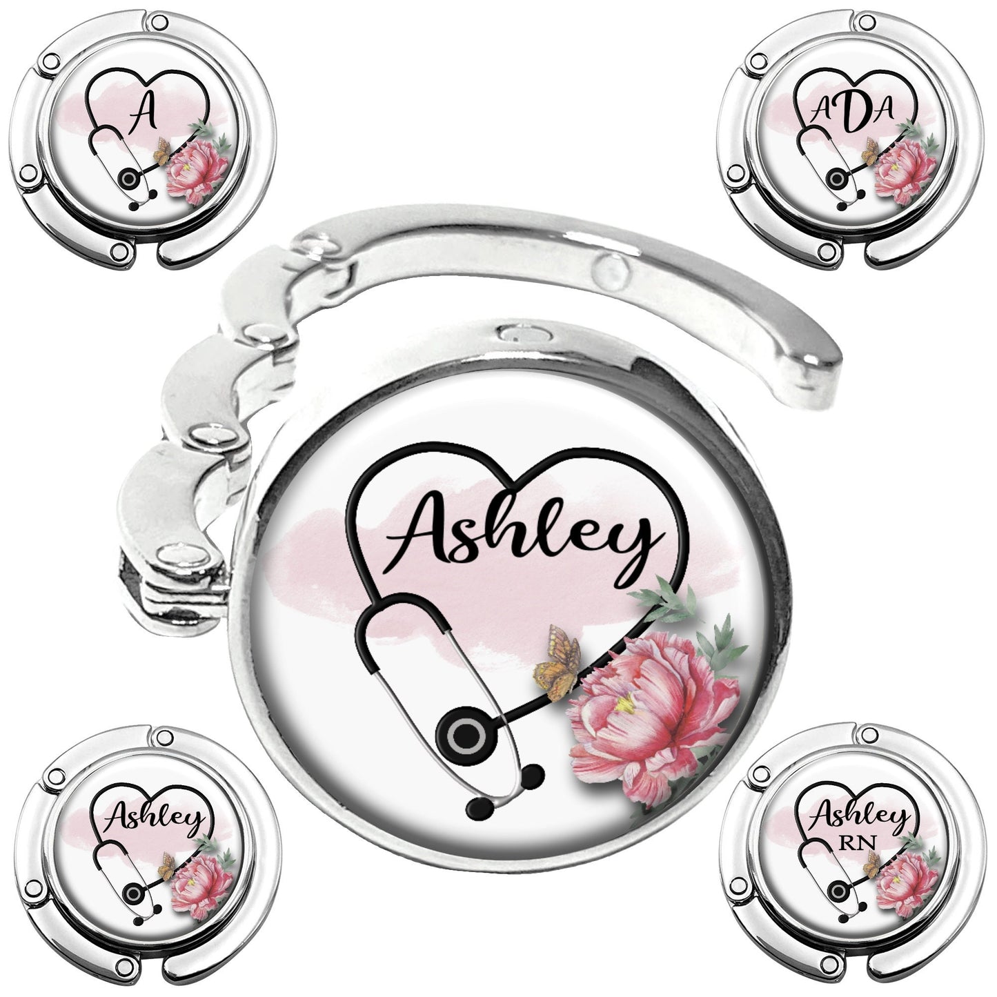 Personalized Stethoscope Heart Flower Purse Hanger - Women's Bag Hanger for Table or Desk